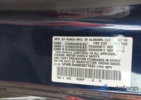 2014 Honda Odyssey Ex z USA, uszkodzony, nr VIN 5FNRL5H40EB077625